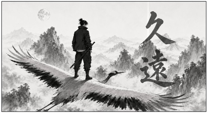 A lone samurai stands on the back of a flying crane amidst misty mountains under a pale moon, with the Chinese characters "久遠" (meaning "eternity" or "far distance") displayed on the right.

The image evokes a timeless, transcendental atmosphere that aligns with the ethereal, anime-inspired aesthetic of the KUON NFT project being given away.