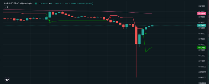 A TradingView candlestick chart for the CAS:CATUSD - 5 Hyperliquid pair is shown, displaying a dramatic long lower wick that dropped to approximately 0.09 before recovering back to the 0.17168 area, illustrating the sharp rejection highlighted in the "wow that wick on HL" caption.