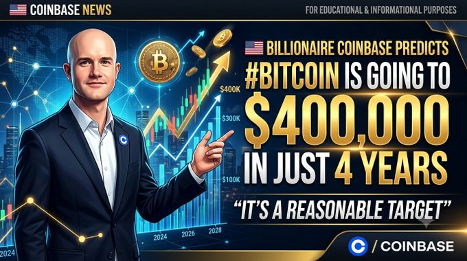 The image is a Coinbase News promotional graphic featuring a bald man in a dark suit pointing toward an upward-trending chart with Bitcoin imagery, alongside text declaring "BILLIONAIRE COINBASE PREDICTS #BITCOIN IS GOING TO $400,000 IN JUST 4 YEARS" and the quote "IT'S A REASONABLE TARGET." The graphic visually supports the accompanying post's claim by combining bullish price projections (showing targets of $100K, $300K, and $400K) with the Coinbase branding and American flag, reinforcing the optimistic Bitcoin price prediction headline.