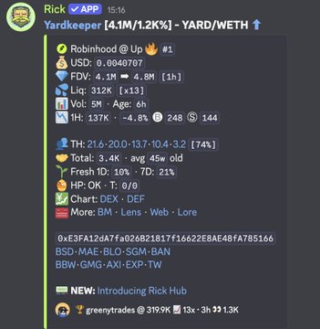 A Discord-style meme coin scanner showing $YARD/WETH pair priced at 4.1M (1.22K%) with metrics like FDV 4.1M, Volume 5M, and 137K holders, labeled as "Rick v APP." The image illustrates the post's point about "Rick scans" being misleading, showing an artificially inflated look that overstates early entry opportunities on memecoins like $YARD.