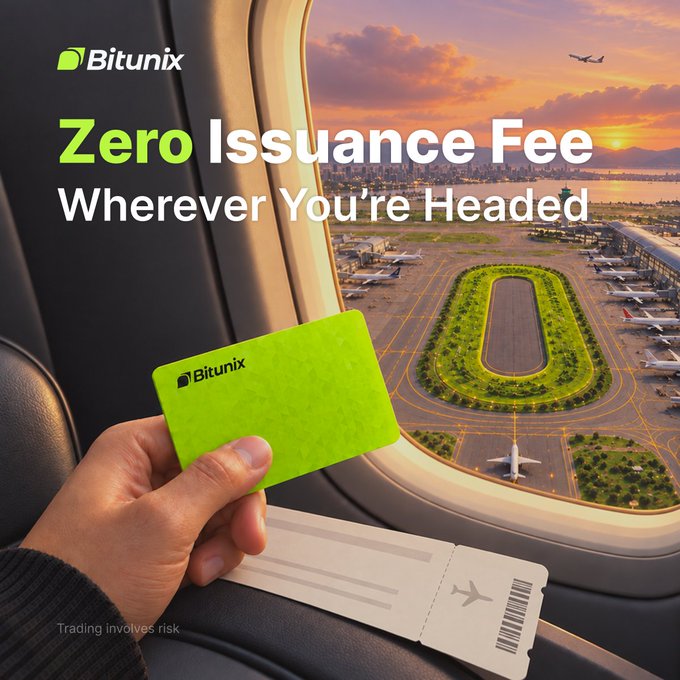 A hand holds a green Bitunix Card next to a boarding pass while looking out an airplane window at a sunset-lit airport tarmac, with an airplane visible in the sky. Bold text reads "Bitunix — Zero Issuance Fee Wherever You're Headed," promoting the card's no-fee offer and tying the travel imagery directly to the brand's crypto debit card launch.
