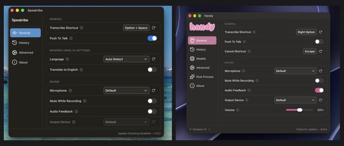 Side-by-side screenshots of the Spearkibe (left) and Handy (right) macOS app settings windows, showing nearly identical interfaces with matching options like "Transcribe Shortcut," "Push To Talk," "Language," "Microphone," and "Output Device," though Spearkibe's shortcut is "Option + Space" while Handy's is "Right Option" — visually supporting the claim that Spearkibe is a reskinned version of the free open-source Handy app.