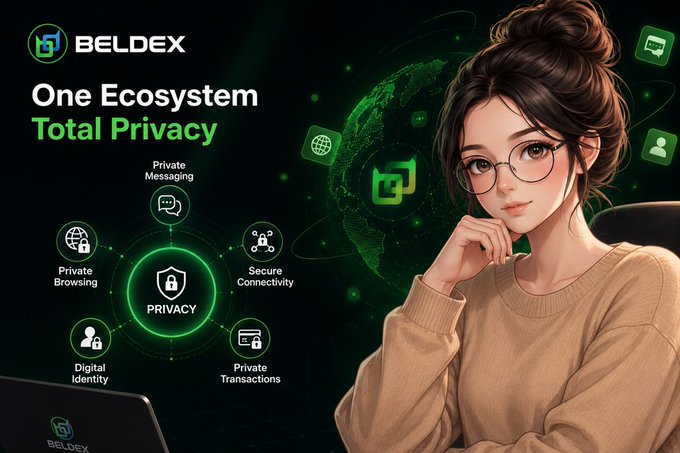 A promotional banner for BELDEX featuring the tagline 'One Ecosystem Total Privacy' with icons for Private Browsing, Messaging, Digital Identity, Secure Connectivity, and Private Transactions, alongside an illustrated woman with glasses.