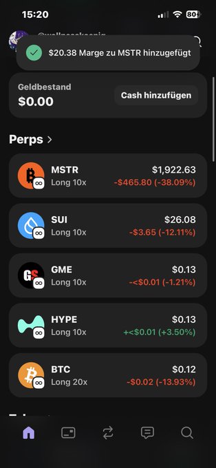The image shows a cell phone screen displaying various cryptocurrency trading options, including Bitcoin, Etherium, and Litecoin. The screen also has a message that reads "Hab noch was geschlossen das war schon $marge ich hab ja alles drin kaufe sogar auf Bank letzte Euro das steigt btc Strategie jetzt und sui und gehe raus an Luft". The post suggests that the user should consider using Bitcoin as their primary cryptocurrency for trading.

The image also contains some text in German, which might be related to the post or the specific cryptocurrency being displayed on the screen.