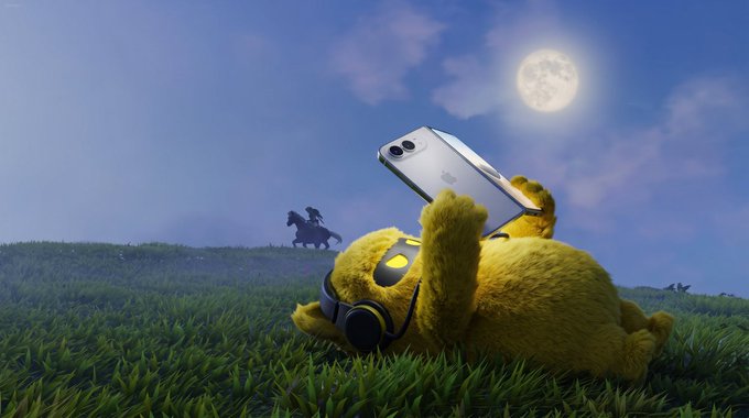 A fluffy yellow creature lounges in a grassy field under a full moon, casually browsing an Apple iPhone while wearing black headphones, with a silhouetted figure on horseback in the background—playfully suggesting that Decibel's trading platform is so accessible and convenient you can manage trades from anywhere, even while relaxing in a serene, otherworldly setting.