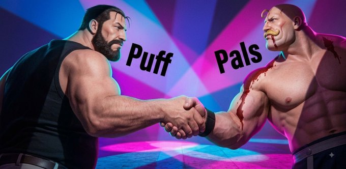 Two muscular characters shaking hands with the text "Puff" and "Pals" displayed between them against a pink and blue neon background.