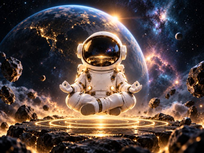 An astronaut meditates in a lotus pose on an asteroid surrounded by glowing cosmic energy, symbolizing inner peace amid the vast universe. The image reinforces the post's message of "Calm your mind and focus on making that money," suggesting that achieving financial success requires the same steady focus and tranquility as space exploration.