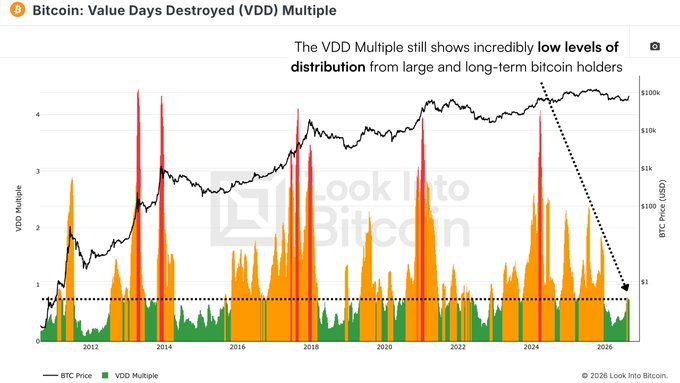 A 'Look Into Bitcoin' chart titled 'Bitcoin: Value Days Destroyed (VDD) Multiple' showing VDD Multiple (orange/green bars) and BTC Price (black line) from 2012 to 2026, with the note that 'The VDD Multiple still shows incredibly low levels of distribution from large and long-term bitcoin holders.'