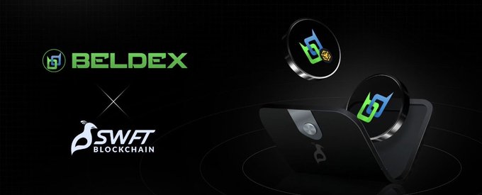 A promotional graphic showing 'BELDEX × SWAT BLOCKCHAIN' partnership with 3D renderings of BELDEX branded hardware wallet devices.