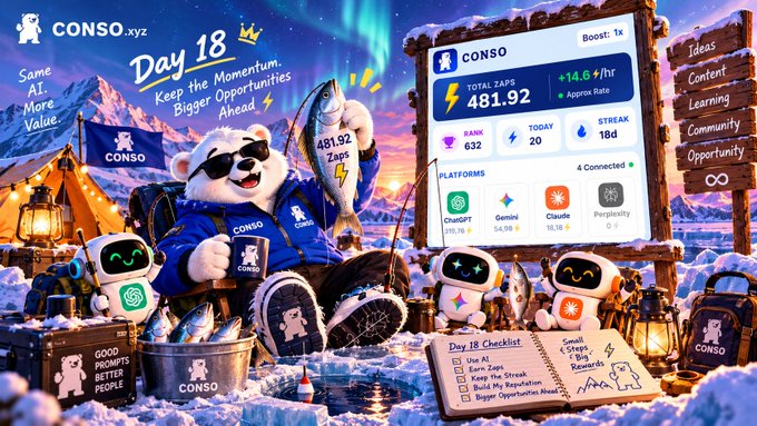 A promotional graphic for CONSO Day 18 featuring a polar bear mascot wearing sunglasses and a backpack, surrounded by robot companions, a checklist, and stats showing 481.92 Total Zaps with a +14.6%/hr boost.