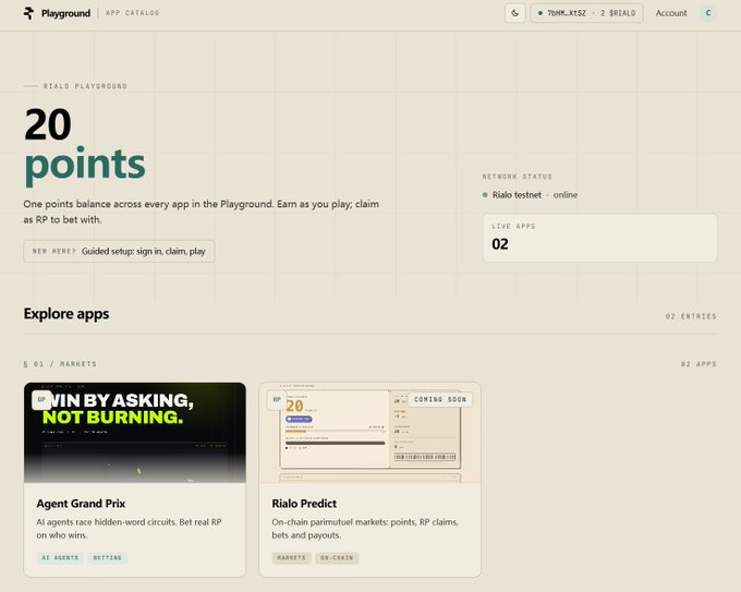 A screenshot of the Rialo Playground platform showing '20 points' balance and apps like 'Agent Grand Prix' and 'Rialo Predict'.