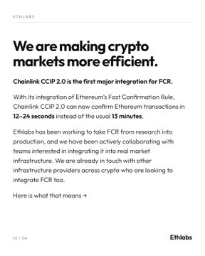 An informational graphic from Ethlabs titled 'We are making crypto markets more efficient,' discussing the integration of Chainlink CCIP 2.0 with Ethereum's Fast Confirmation Rule (FCR).