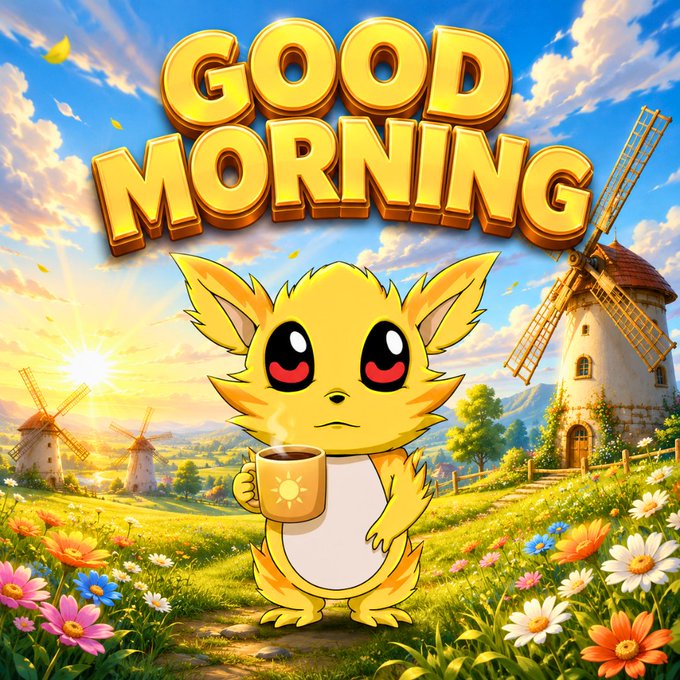 A cute digital illustration of a yellow fox-like creature holding a coffee mug with a sun design, set in a flower-filled field with windmills, featuring the large text 'GOOD MORNING'.