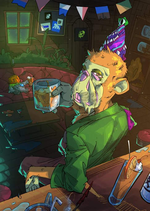 Stylized illustration of a worn-out zombie-like man in a green shirt wearing a party hat at a dim bar, drinking from a glass with another patron visible in the background.