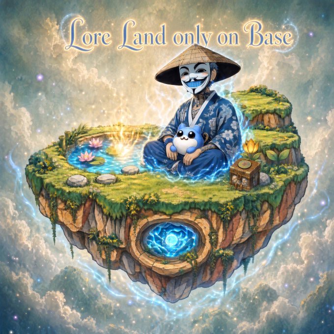 Digital artwork titled 'Lore Land only on Base' showing an anime-style character with a white smiling mask and straw hat meditating on a floating grassy island with a small blue creature, surrounded by clouds and glowing energy.
