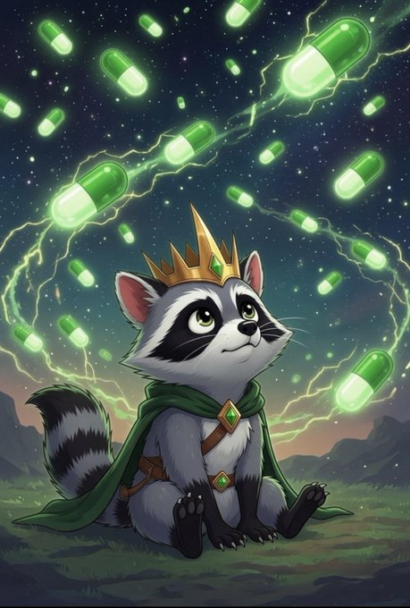 An illustration of a raccoon wearing a golden crown and green cape, looking up at a night sky filled with glowing green capsules and electrical energy.