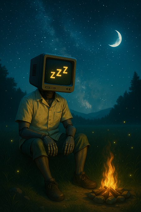 A surreal illustration of a figure with a CRT television for a head displaying 'z z z' while sitting by a campfire under a starry night sky with a crescent moon.