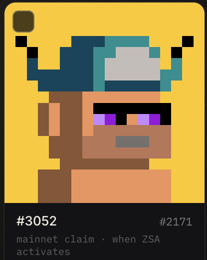 A pixel art NFT character with sunglasses and a horned helmet is displayed on a yellow background, labeled #3052 (with #2171 also visible) and captioned "mainnet claim · when ZSA activates," relating to the post about an NFT sold on the ZecBit platform.