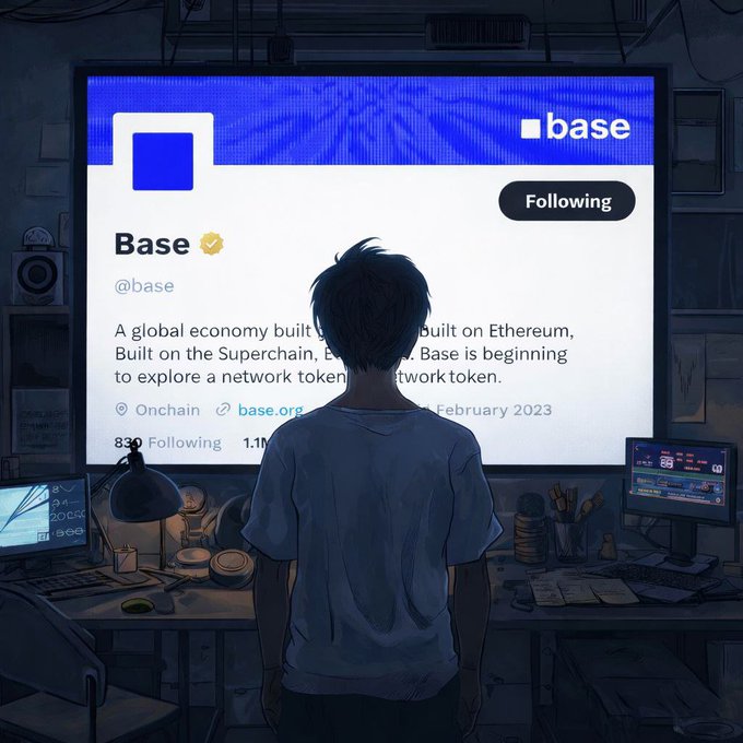 An anime-style illustration of a person viewed from behind, standing in a dim room looking at a large screen displaying a Twitter/X profile for 'Base' (@base) describing it as 'A global economy built on the Superchain.'