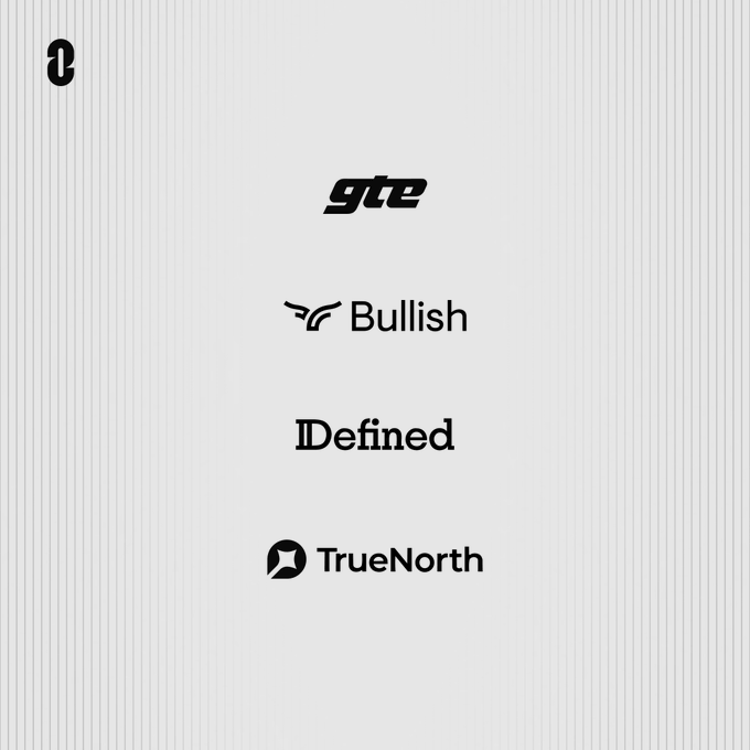 The image displays logos for GTE, Bullish, Defined, and TrueNorth against a light striped background, likely representing partners or platforms related to the ATLAS announcement mentioned in the post, with GTE being the featured exchange where users can join a waitlist for early access.