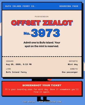 A digital boarding pass for 'Bug Island Ferry Co.' with the passenger name 'OFFSET ZEALOT' and ticket number '3973', issuing the holder a spot on the mint.