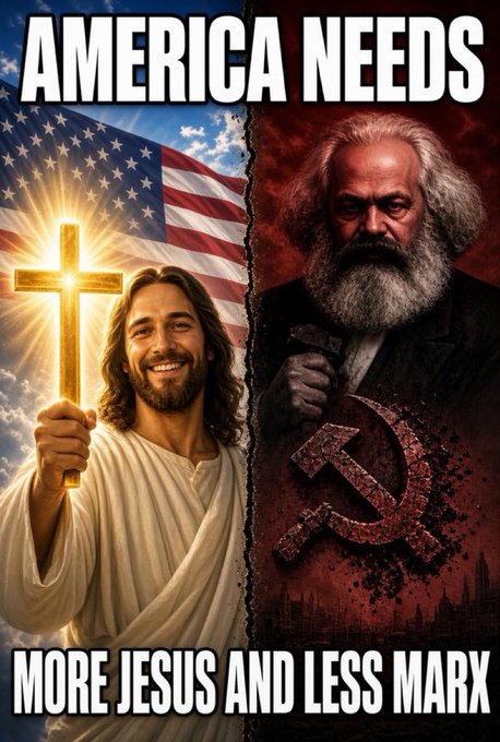 A meme-style image reading 'AMERICA NEEDS MORE JESUS AND LESS MARX', split between Jesus holding a glowing cross against the American flag on the left and Karl Marx with a hammer and sickle on the right.