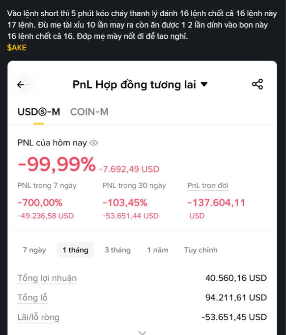A Binance futures trading PNL summary shows severe losses, including a 99.99% daily drop (-7,692.49 USD) and -137,604.11 USD lifetime PNL, with Vietnamese text and $AKE ticker mentioned at the top.