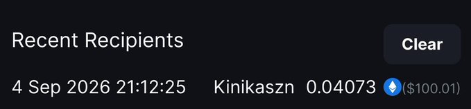 A dark-themed "Recent Recipients" notification displays a transaction from "Kinikaszn" on 4 Sep 2026 at 21:12:25, showing an amount of 0.04073 ETH (~$100.01), which corresponds to the $100 bonus crypto tip mentioned in the accompanying post.