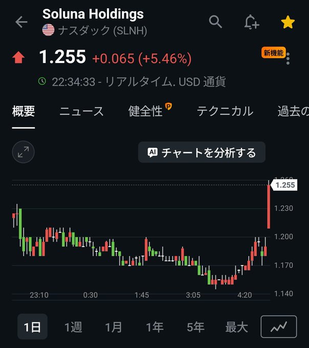 A stock chart in Japanese showing Soluna Holdings (SLNH) on NASDAQ at 1.255 USD, up +0.065 (+5.46%), with a 1-day intraday candlestick chart.