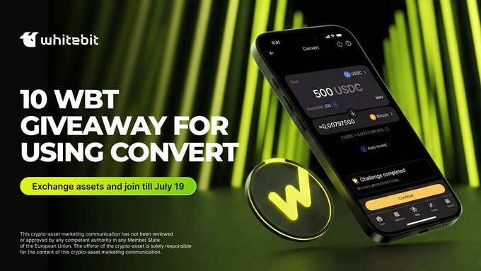 The image is a promotional banner from WhiteBIT advertising a giveaway of 10 $WBT tokens for using their Convert feature, with a deadline of July 19 and a minimum conversion volume of 500 $USDC. It shows a smartphone displaying the WhiteBIT Convert interface (exchanging 500 USDC to 0.00397500 Bitcoin) alongside a glowing $WBT coin, visually reinforcing the giveaway announcement.