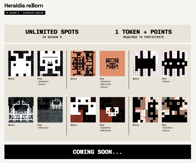 A 'Heraldia reBorn' Season 9 promotional graphic for decorated emblems showing unlimited spots with 1 token + points required to participate. Six before/after comparison pairs demonstrate pixel-art transformations including rotation, minimization, and decoration modifications.