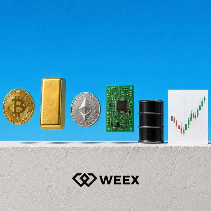 A promotional image for WEEX featuring a gold bar, Bitcoin and Ethereum coins, a circuit board, an oil barrel, and a candlestick chart against a blue sky background.