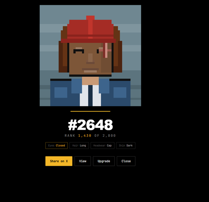 A pixel art character with dark skin, a red cap, and long dark hair, identified as NFT #2648 ranked 1,438 of 2,800, with traits: Eyes Closed, Hair Long, Headwear Cap, Skin Dark.