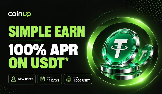 CoinUp advertisement promoting 'Simple Earn' with 100% APR on USDT for new users, up to 14 days, with a maximum of 1,000 USDT.