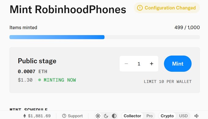 A webpage titled 'Mint RobinhoodPhones' shows 499/1,000 items minted at 0.0007 ETH ($1.30) in the public stage, with a blue progress bar and a 'MINTING NOW' indicator.