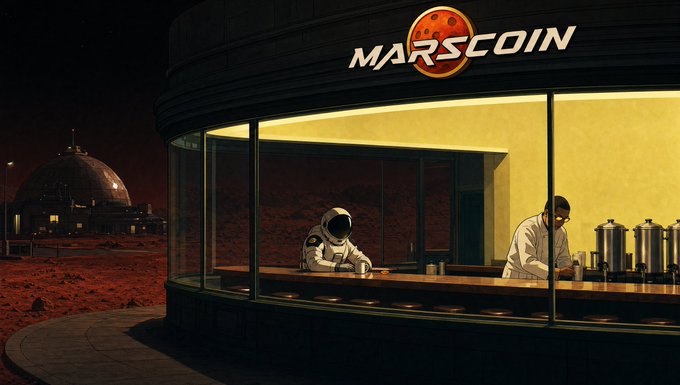 A stylized illustration of a futuristic diner on Mars at night with a glowing 'MARSCOIN' sign featuring a red planet logo; an astronaut and a chef in a white coat stand inside the warmly-lit establishment, with a domed habitat visible in the distance on the red Martian landscape.