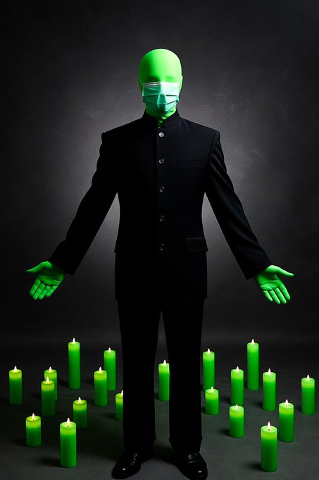 A figure dressed in a black suit with bright green skin, hands, and head stands with arms outstretched, surrounded by lit green candles on a dark background.