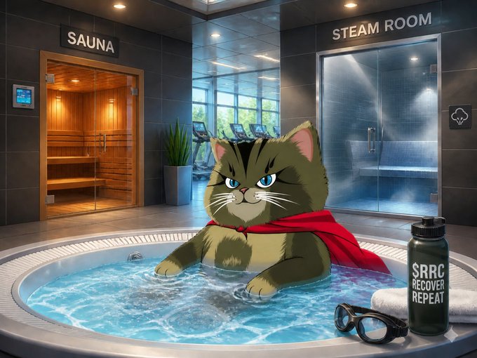 A digital illustration of a grumpy cat wearing a red cape sitting inside a bubbling hot tub, with a 'SAUNA' and 'STEAM ROOM' in the background and a black water bottle labeled 'SRRC RECOVER REPEAT' nearby.