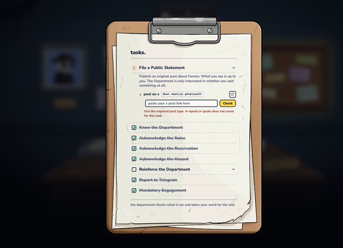 A screenshot from a video game showing a clipboard with a task list titled 'tasks', including options like 'File a Public Statement', 'Know the Department', 'Acknowledge the Noise', 'Reinforce the Department', and 'Report-to-Telegram'.
