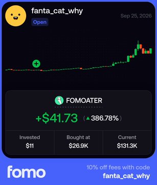 Screenshot from the app 'fomo' showing a crypto trade on user 'fanta_cat_why' for ticker $FOMOATER, displaying a gain of +$41.73 (386.78%) with an investment of $11 and a current value of $131.3K.