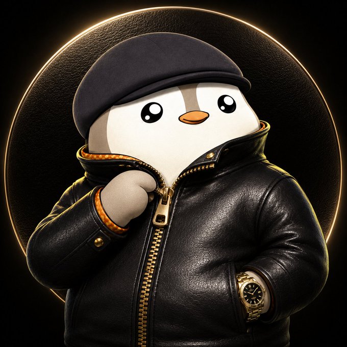 A 3D-rendered cartoon character resembling a duck or bird wearing a black beanie and a black leather jacket with gold zipper details, featuring large anime-style eyes, a gold watch, and set against a circular dark backdrop with a glowing orange rim.