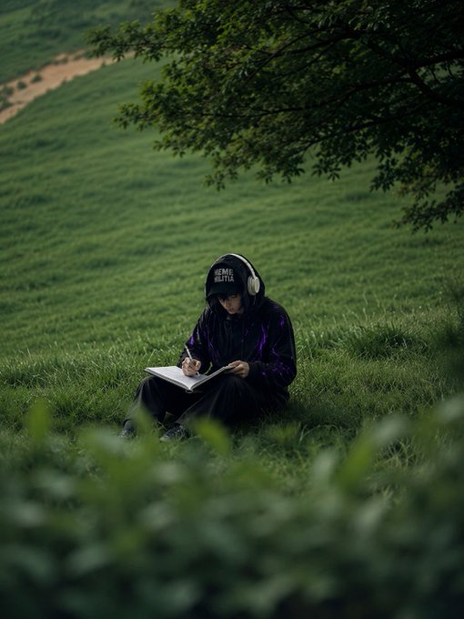 A person wearing a dark hoodie and headphones sits on a grassy hillside, writing in a notebook under the shade of a tree.