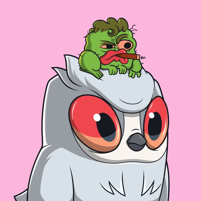 A cartoon illustration of a chubby green creature with a mustache smoking a cigar, sitting on the head of a large grey owl-like bird with big red eyes against a pink background.