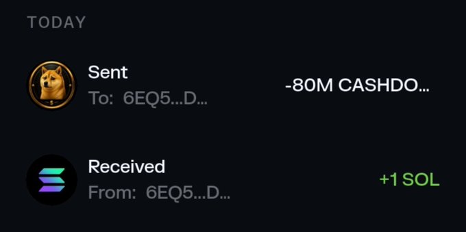 A transaction history screen showing a Sent transfer of '-80M CASHDO...' and a Received transfer of '+1 SOL' on the Solana blockchain.