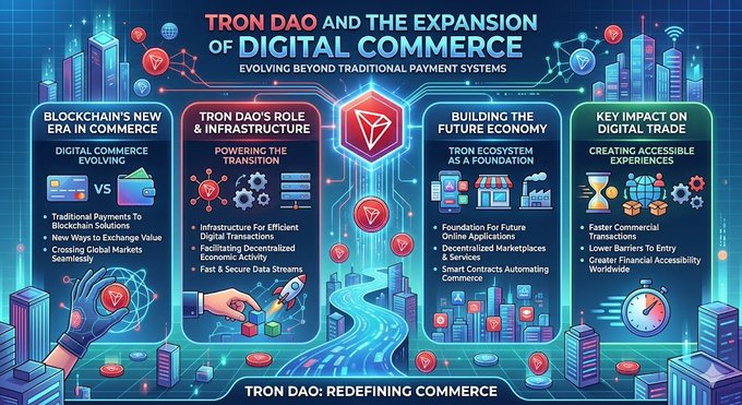 The image features a colorful poster that explains the concept of digital commerce, specifically focusing on the use of blockchain technology. The poster includes various illustrations depicting different aspects of digital commerce, such as transactions, online marketplaces, and payment systems. It also highlights the role of TRON DAO in this context, emphasizing its contribution to the evolution of digital commerce beyond traditional payment systems.