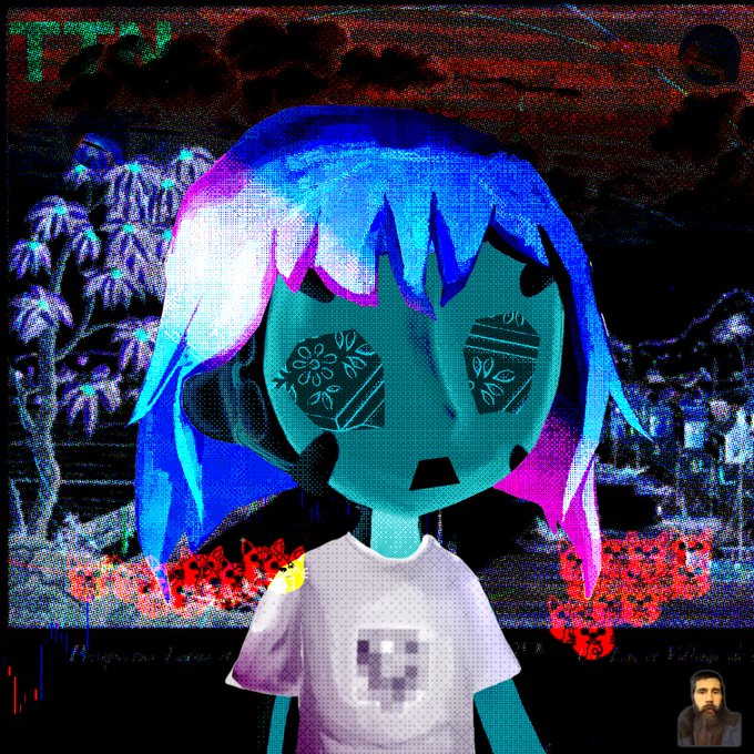The image features an illustration of a girl with blue hair wearing a white shirt that says "HYPED" on it, standing next to a man who has a beard. The background includes a picture of a tree and some flowers, as well as a computer screen displaying a meme or cartoon-like image. The caption at the bottom of the image reads: "Focus on what is in the image and how it relates to the post".