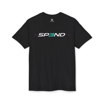 A black t-shirt featuring the text 'SPEND' in white and teal lettering.