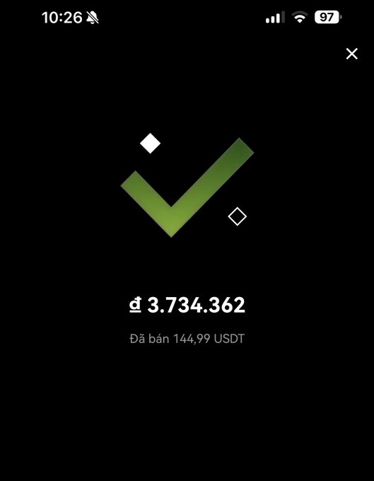A mobile app screen showing a successful transaction confirmation with a large green checkmark, displaying ₫ 3.734.362 and noting "Đã bán 144,99 USDT" (Sold 144.99 USDT).
