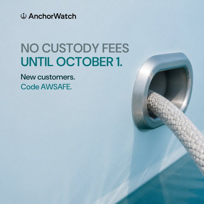 An AnchorWatch advertisement reads 'NO CUSTODY FEES UNTIL OCTOBER 1. New customers. Code AWSAFE.' next to an image of a boat's anchor fitting.