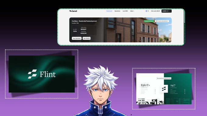 The image features a man with white hair wearing a blue jacket, standing against a purple background. The man appears to be looking directly at the camera. Below him are three different images related to real estate development or finance. One of these images is a logo for a company called Flint, which has been described as "a new way to invest in real estate".